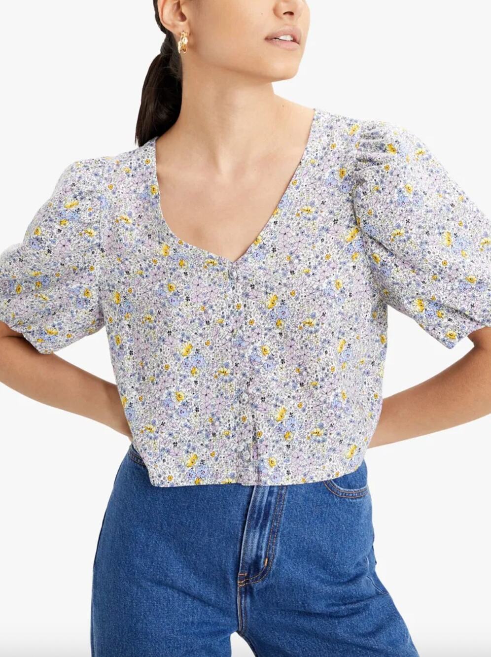 Levi's V-Neck Ditzy Floral Print Crop Button Up Blouse Size S Puff Sleeve Boxy